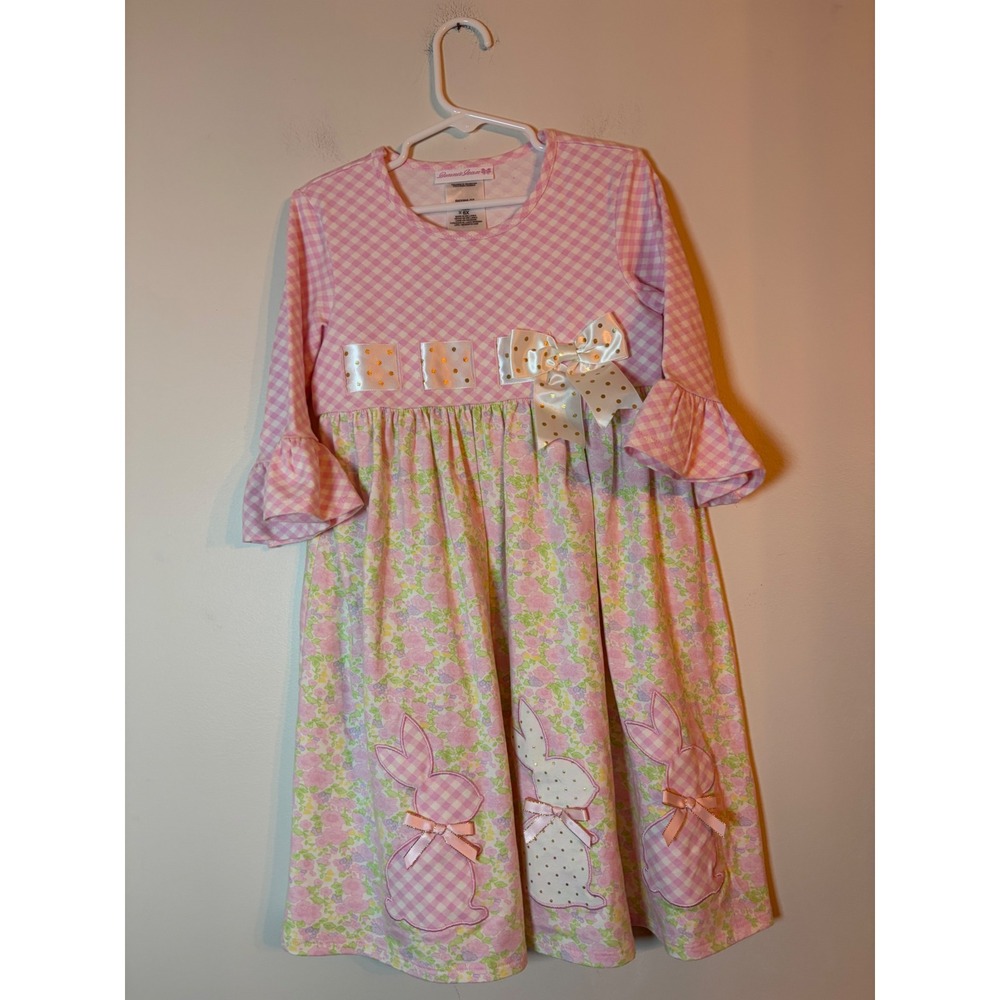 Bonnie Jean Dress Girls 6X Easter Pink Gingham Floral Bunny Ruffle R63268-DT